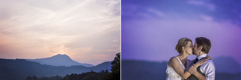 wedding couple kissing against a sunset